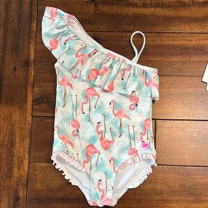 Flamingo Print One-Shoulder Kids Swimsuit